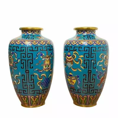 £1914.71 • Buy Antique Chinese Small Pair Of Bronze Blue Cloisonne Enamel Floral Flower Vase