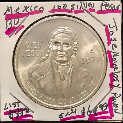 Mexico 1977 GEM BU 100 SILVER PESOS JOSE MORELOS LOS Y PAVON--HERO OF REVOLUTION • $64.99