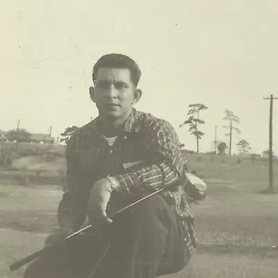 Vintage Black And White Photo Man Kneeling Holding Golf Club Course Golfing  • $6.69