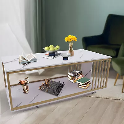 Modern White GOLD Coffee Table High Gloss Marble Veneer Rectangle Living Room • $124.99