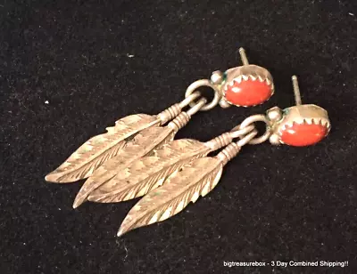 Vintage Earrings MARKED 925 STERLING SILVER Pierced Dangle CORAL Feather Lot Y • $1.25