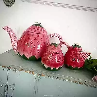 Vintage Pink Frutta Fresca Strawberry Teapot Creamer Sugar Set Seymour Mann 1990 • $45