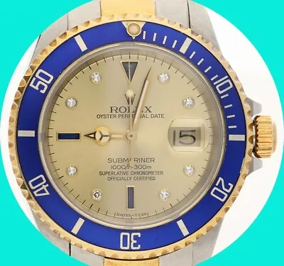 1988 Rolex Blue  Submariner #16613 Watch 40MM Serti Dial Automatic Date • $10500