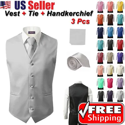 SET Vest Tie Hankie Fashion Men's Formal Dress Suit Slim Tuxedo Waistcoat Coat • $22.99