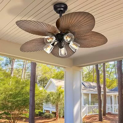 52'' Tropical Ceiling Fan With Light And Remote 5 Palm Leaf Blade Indoor Outdoor • $109.99