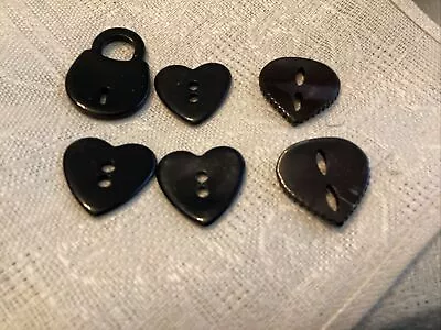 VINTAGE ~ Minature Black Plastic Heart Shaped Buttons ~ Lot Of 5 + Lock • $9.99