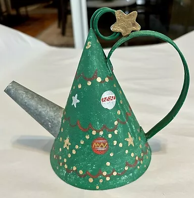 Decorative Christmas Metal Faux Watering Can Xmas Tree Shape Hand Painted Vtg • $16.99