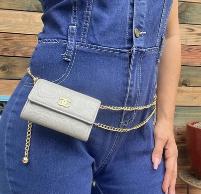 $775 • Buy CHANEL Gray Lambskin Camellia Card Holder On Adjustable Chain Waist Bag Or Bag
