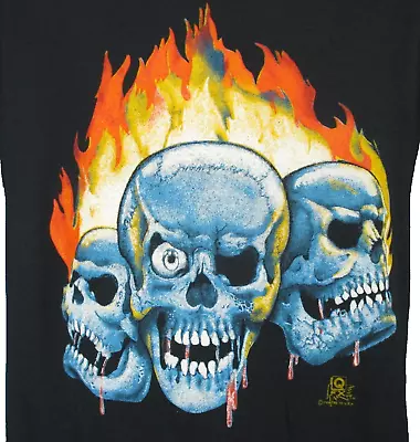 Vtg 80s BLOOD SKULL FLAMES PAPER THIN T-Shirt L/XL Skeleton Biker Single Stitch • $29.99