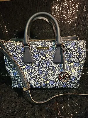 Michael Kors Purse Satchel Handbag Bag Blue Flowers Camille Floral MK Lg  • $50