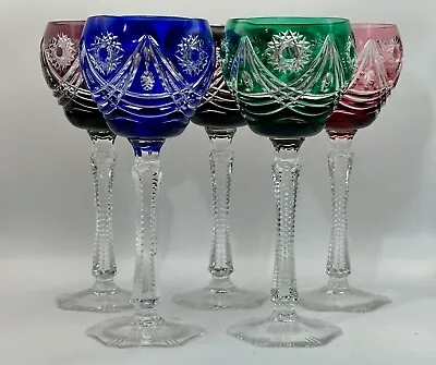 Vintage 5 Cut Glass Goblets Cobalt Blue Cut To Clear Green Ruby Stemware Barware • $124.95