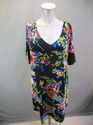 MSK Size L Womens Multicolor Scoop Neck Short Sleeve Loose Shift Midi Dress 575 • $15