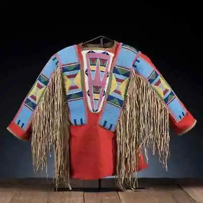 Old Style Beaded Hand Colored Buckskin Suede Hide Powwow Regalia Shirt NS67 • $210.28