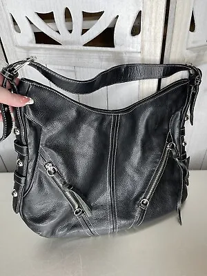 Tignanello Black Leather Top Zip Tote Handbag Top Handle Soft Studded Biker • $42.74