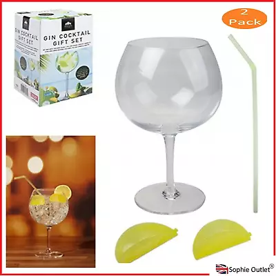 2x GIN COCKTAIL GLASS GIFT SET With Straw Reusable Cocktail Drink BBQ Party P005 • £9.74