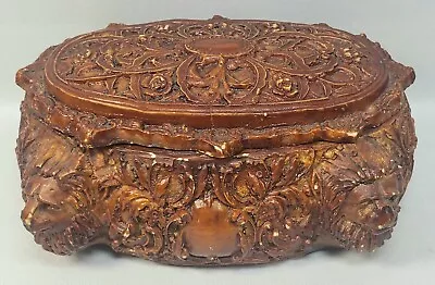 Vintage CARVED WOODEN SNUFF BOX W/ Lid Oval Brown Ornate Jewelry Trinket Decor  • $24.99