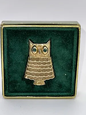 Vintage 1960's AVON Perfumer Locket Owl W/ Green Crystal Eyes Brooch Pin • $4.99