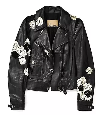 JOHN GALLIANO Vintage Leather Biker Jacket Lace Floral Gazette Lining 4US / 38IT • $620