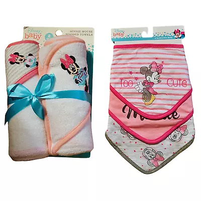 Disney Minnie Mouse Baby Gift Set 3 Minnie Bibs 2 Minnie Hooded Bath Towels NWT • $16