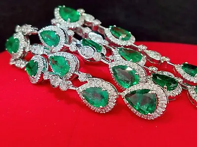 16.3ct. 14 Natural Pear Cut Zambian Emeralds & Diamonds 18k Gold Dangle Earrings • $27777