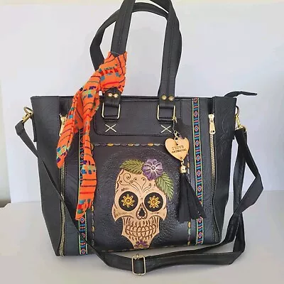 Mexican Floral Embossed Artesanal Bag Skull Geniue Leather Tote Large Black New • $40