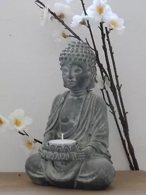 Sitting Buddha Tealight Candle Holder Ornament Statue Stone Effect Home / Garden • £10.95