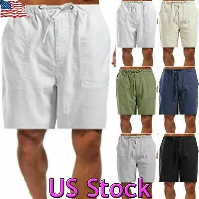 Men Cotton Linen Shorts Elastic Waist Drawstring Summer Baggy Loose Casual Pants • $9.49