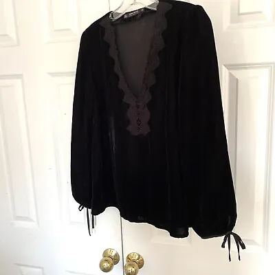 Zara Black Velvet Blouse With Crochet Neck Detail Size Small • $14.99