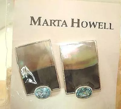 Marta Howell 925 Silver Black-Lip Mother Of Pearl Blue Topaz Clip-On Earrings • $140