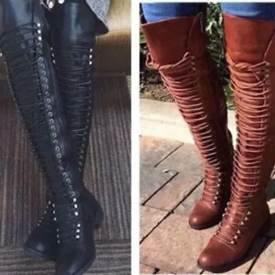 Retro Women Over Knee Boots Lace Up Thigh High Combat Low Heel Military Shoes SZ • $36.88
