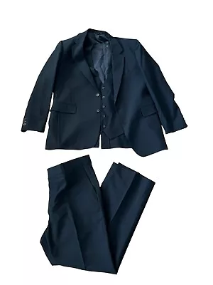 JC Penney Suit Mens 44R 40X31 Blue Vest Blazer Pants Vintage 3 Piece Set • $124.95