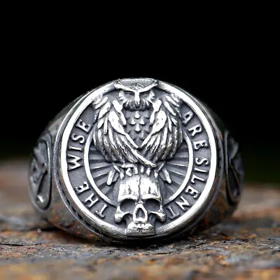 Stainless Steel Owl Skull Masonic Square Compass Ring For Men Amulet Jewelry • $11.99