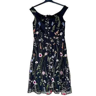 New Emma Street Black Floral Embroidered Mesh Fit & Flare Dress Sz. 14 Midi 41  • $34.99