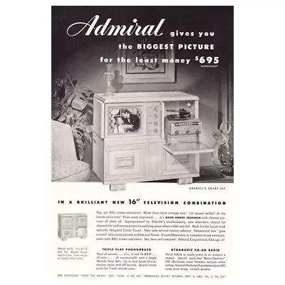 1949 Admiral Television: Biggest Picture Vintage Print Ad • $6.75