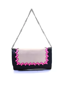 Milly Womens Tri Color Flap Clutch Handbag Black Pink Brown Leather • $42.69
