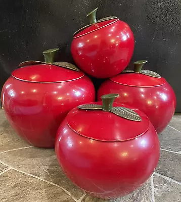 4 Aluminum RED Apple CANISTERS Flour Sugar Coffee Tea VINTAGE Kitchen METAL • $49.99