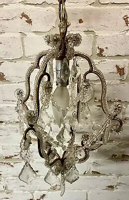 Vtg Single Light Mini Baby Crystal Glass Copper Chandelier Plug In Cord 13” • $95