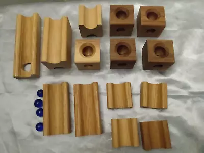 Wooden Marble Run Building Block Set - 14 Wood Blocks & 4 Blue Marbles - 1980s • $24.99