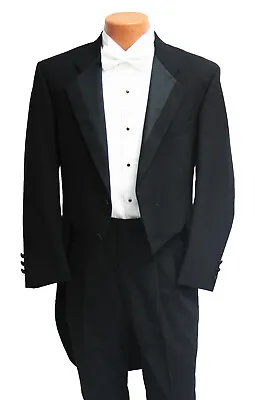 Men's Black Tuxedo Tailcoat 100% Wool With Satin Notch Lapels Long Tails 41S • $62.99