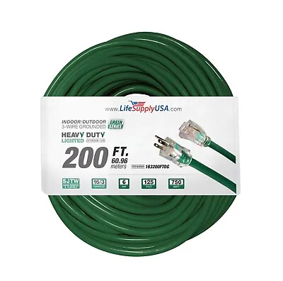 200 Ft Extension Cord 16/3  Lighted End  Green  Indoor/Outdoor  CCA+PVC • $57.64
