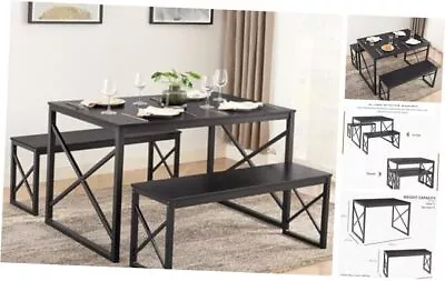  Kitchen Table With 2 Benches For 4 Wood Dining Room Dinette Sets 43.3  Black • $204.14