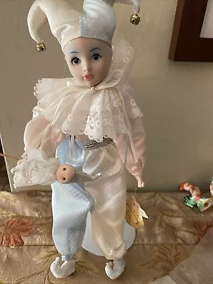 Vintage Enesco 1983 Porcelain Harlequin Jester Mardi Gras Porcelain Doll 17  • $25