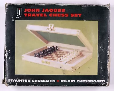 £4 • Buy Vintage JOHN JAQUES Travel Chess Set- Staunton Chessmen - Inlaid Chessboard
