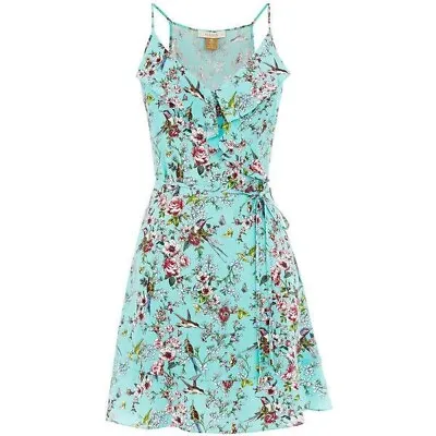 RARE Ladies Oasis Strappy Fit N Flare Light Green Floral Flippy Dress Size 10 • £8.99