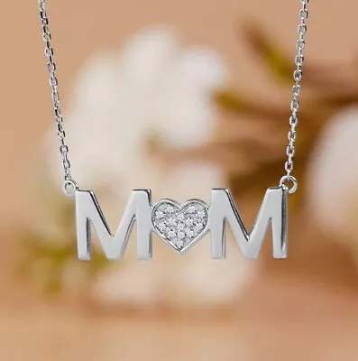 JeenMata MOM Moissanite Pendant Necklace In 18K White Gold Over Silver • $79.50