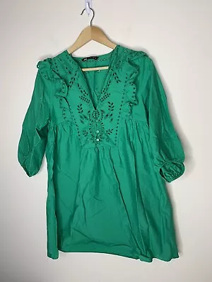 ZARA Size Large Flounced Poplin Mini Dress Embroidered Cut Out Details Green • $24.56