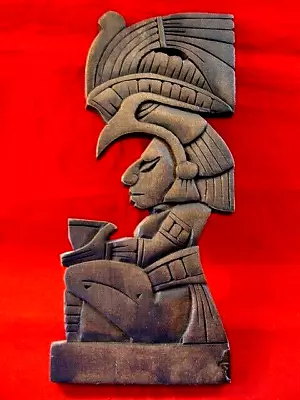 Hand Carved Wood Mayan-Aztec Design Wall Plaque Stylized Man With Headdress 12  • $28