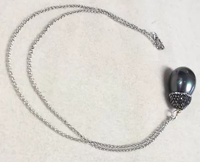 Beautiful Sterling Silver Necklace W/Majorica Pearl Acorn Black Pendant • $95