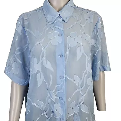Vintage 90s Sheer Blouse Women XL Blue Floral Shirt Button Up Collar Top 16 14 • $28