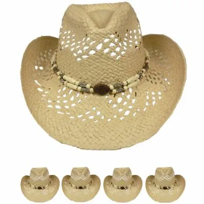 Adult BEIGE CREAM Straw COWBOY HAT W/ Beads Shapeable WESTERN Cowgirl Beach • $19.90